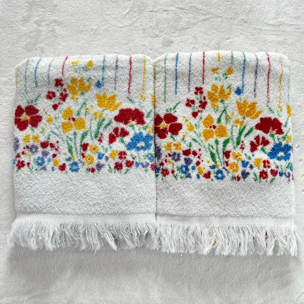 Cannon Vintage Floral Striped Bath Towel Set Red Yellow White USA